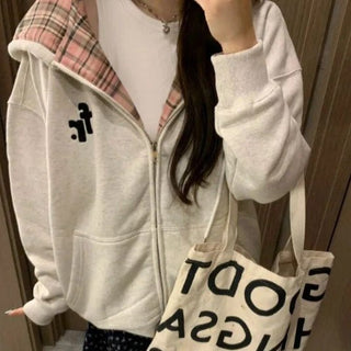 Women's Hooded Sweater Lazy Baggy Coat Thickened Fleece-lined Hoodie White Gray, With Velvet