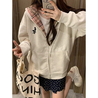 Women's Hooded Sweater Lazy Baggy Coat Thickened Fleece-lined Hoodie White Gray, With Velvet