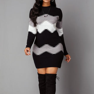 Women's Mid-length Round Neck Long Sleeve Printed Knitted Dress Black